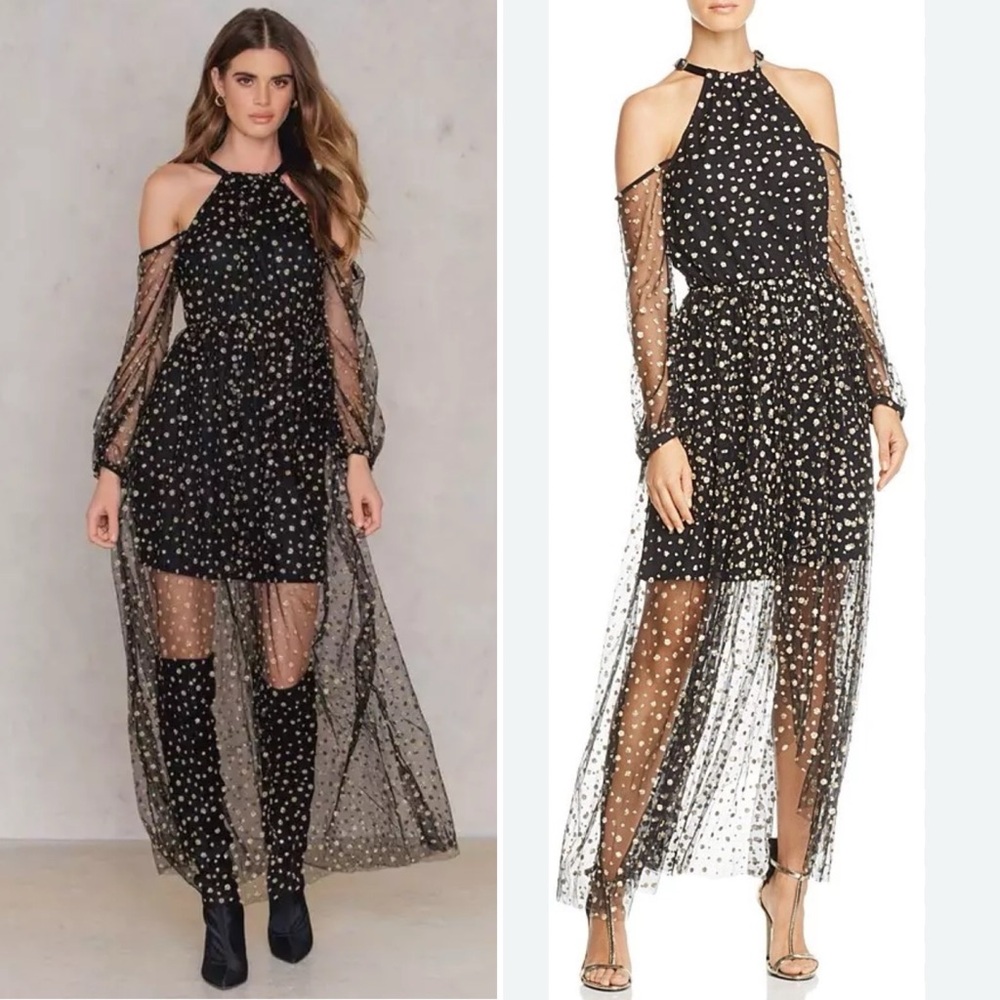 La Maison Talulah XS Black Gold Glitter Cold Shoulder Mesh Long Sheer Gown Dress